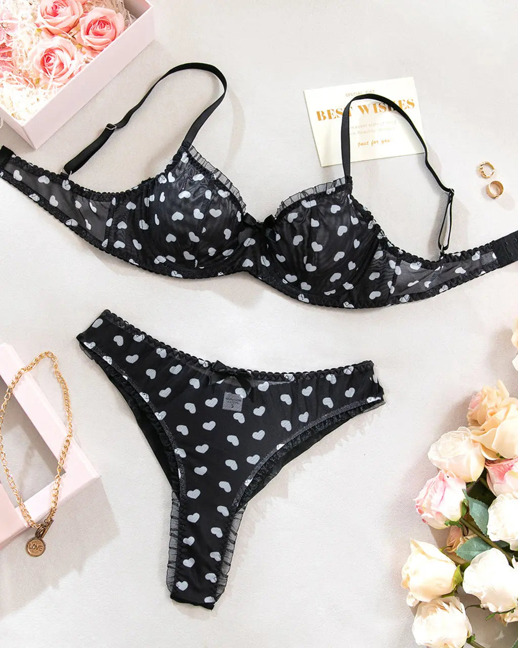 Charming Heart Print 2 Pcs Lingerie Set - OMFORT