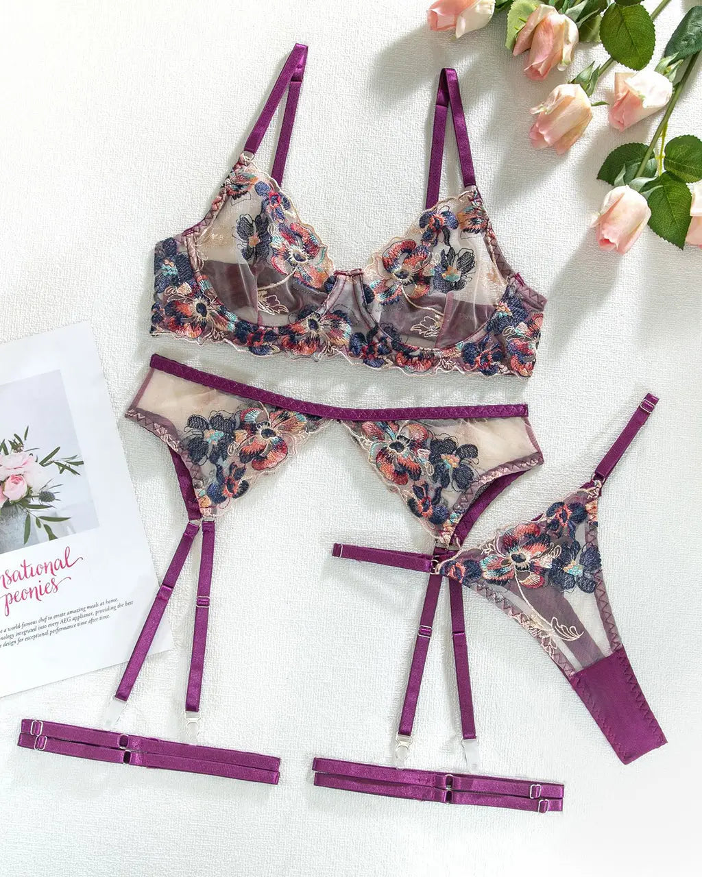 Blossom Sheer 4 Pcs Lingerie Set - OMFORT