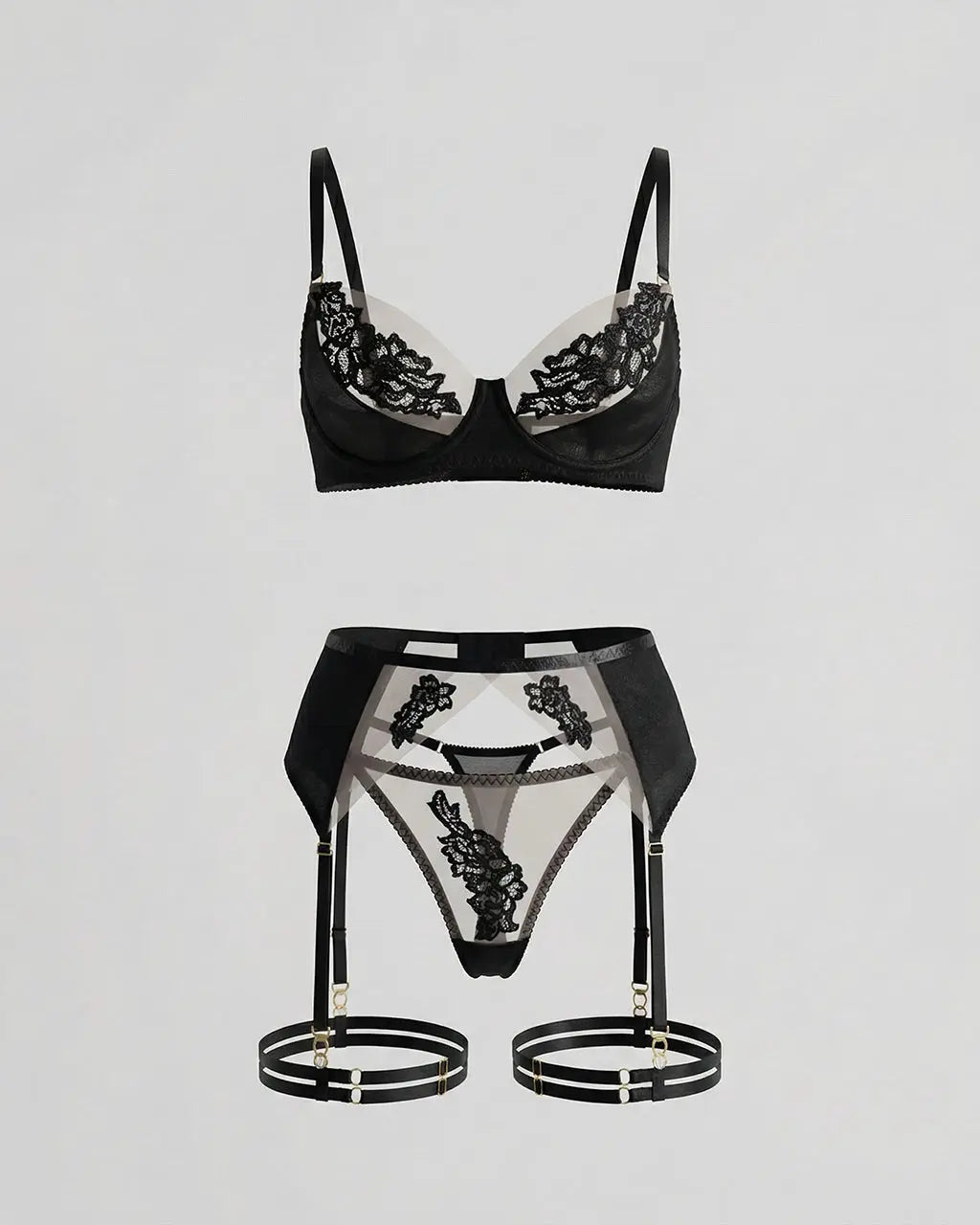 Mesh Lace Garter Belt 4 Pcs Lingerie Set - OMFORT
