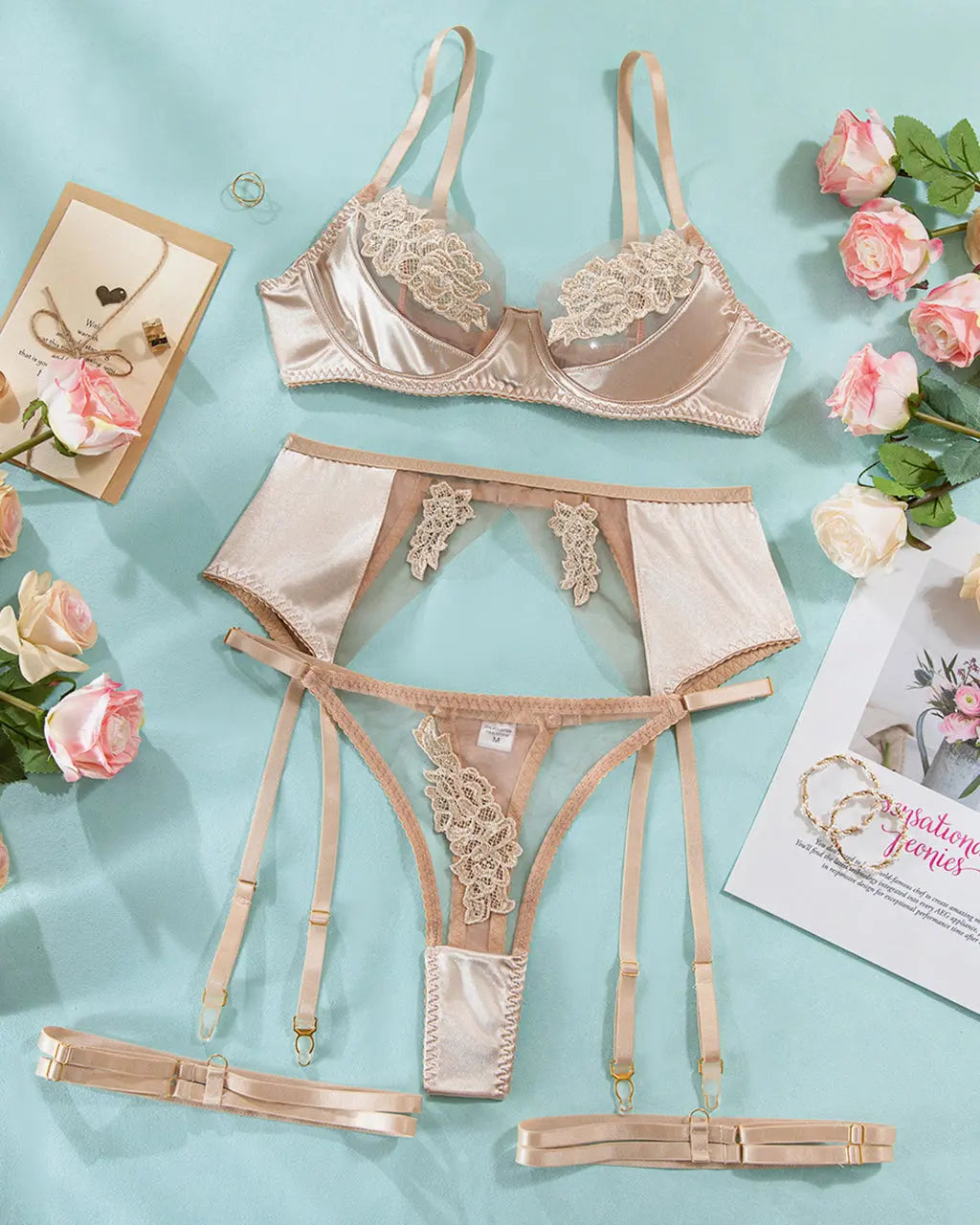 Mesh Lace Garter Belt 4 Pcs Lingerie Set - OMFORT