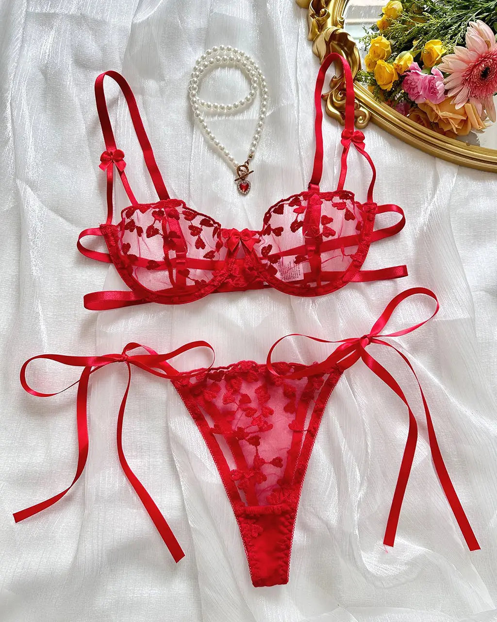 Heart Bow Strap 2 Pcs Lingerie Set - OMFORT