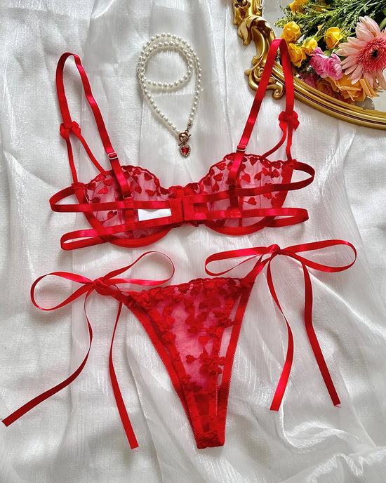 Heart Bow Strap 2 Pcs Lingerie Set - OMFORT