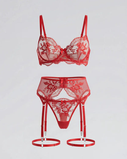 Floral Lace Garter 2 Pcs Lingerie Set - OMFORT