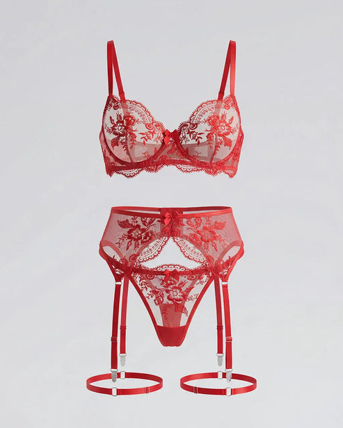 Floral Lace Garter 2 Pcs Lingerie Set - OMFORT