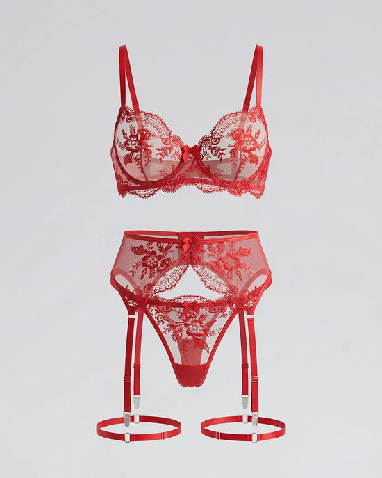 Floral Lace Garter 2 Pcs Lingerie Set - OMFORT