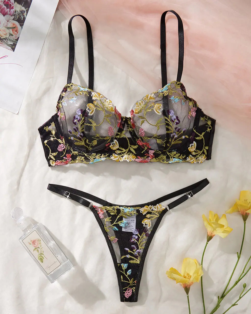 Floral Sheer 2 Pcs Lingerie Set - OMFORT