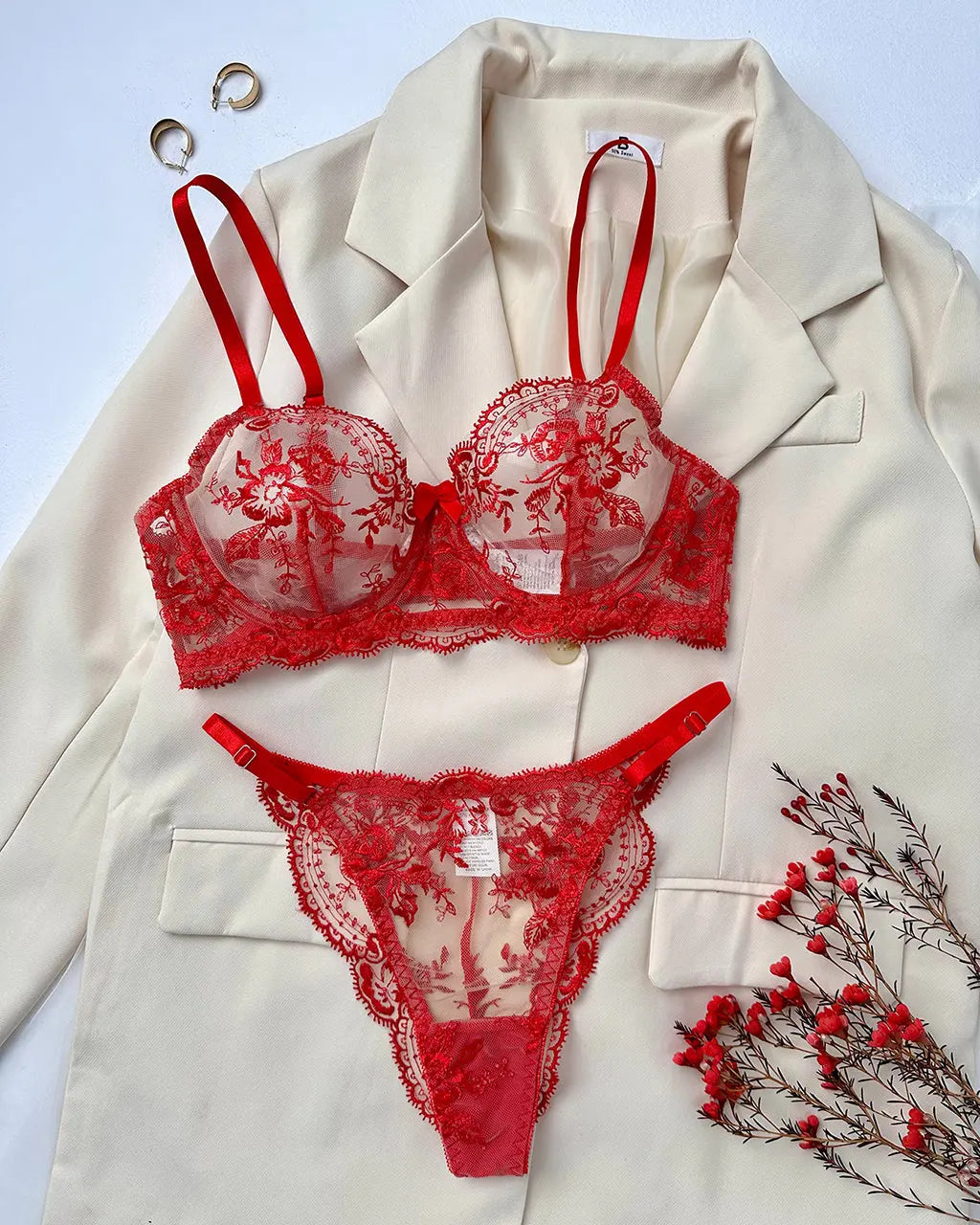 Lace Embroidered Floral 2 Pcs Lingerie Set OMFORT