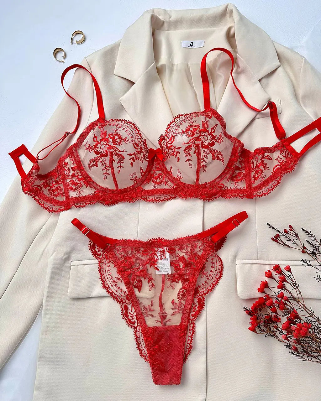 Lace Embroidered Floral 2 Pcs Lingerie Set OMFORT