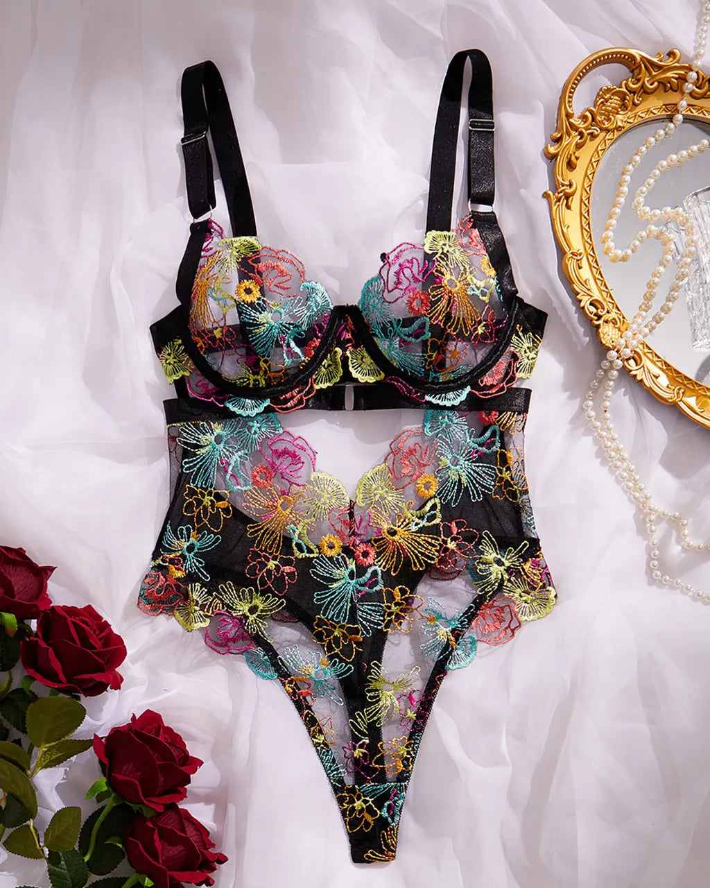 Floral Lace Embroidered One Piece Lingerie Bodysuit OMFORT