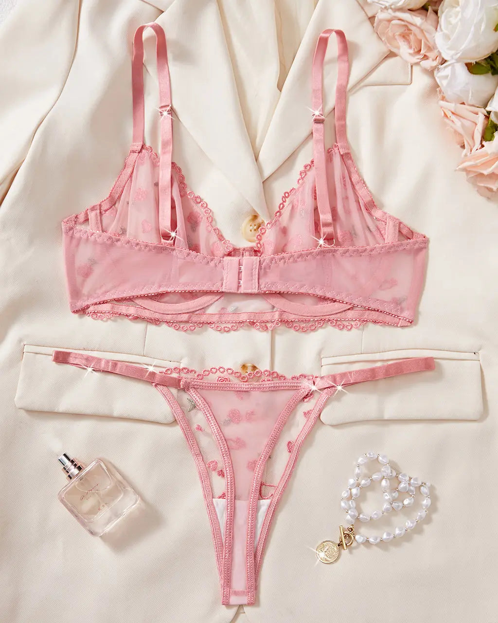 Rose Floral Mesh 2Pcs Lingerie Set OMFORT