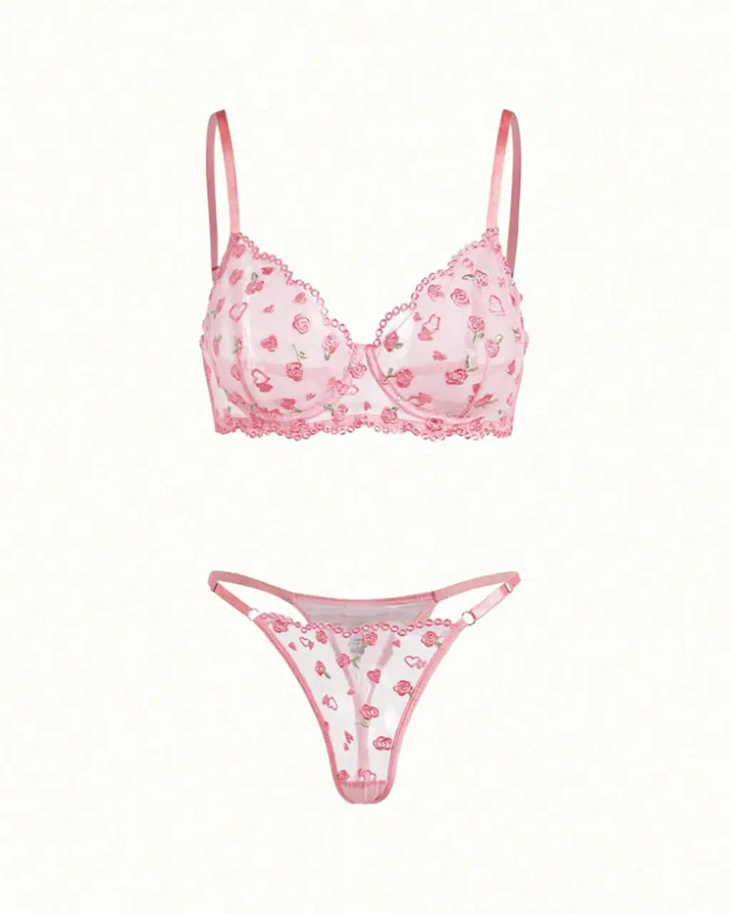 Rose Floral Mesh 2Pcs Lingerie Set OMFORT