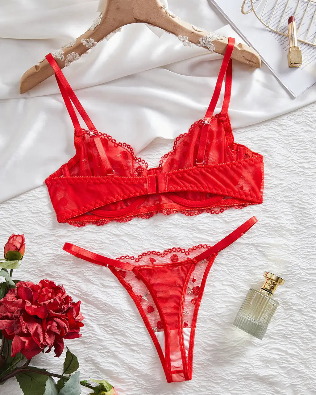 Rose Floral Mesh 2Pcs Lingerie Set OMFORT