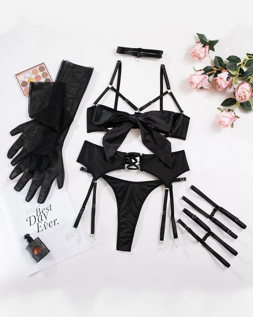 Bow Strappy Gloved Garter 7Pcs Lingerie Set OMFORT