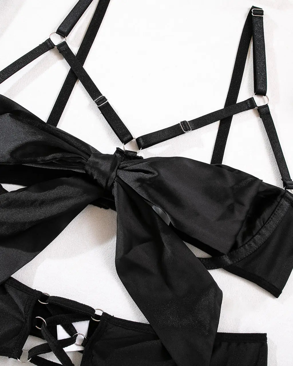 Bow Strappy Gloved Garter 7Pcs Lingerie Set OMFORT