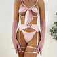 Bow Strappy Gloved Garter 7Pcs Lingerie Set OMFORT