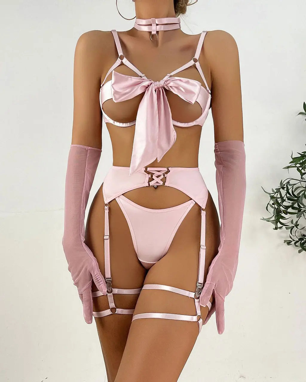 Bow Strappy Gloved Garter 7Pcs Lingerie Set OMFORT