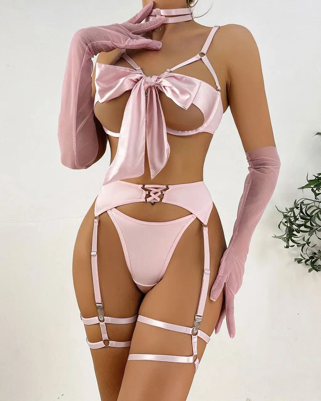 Bow Strappy Gloved Garter 7Pcs Lingerie Set OMFORT