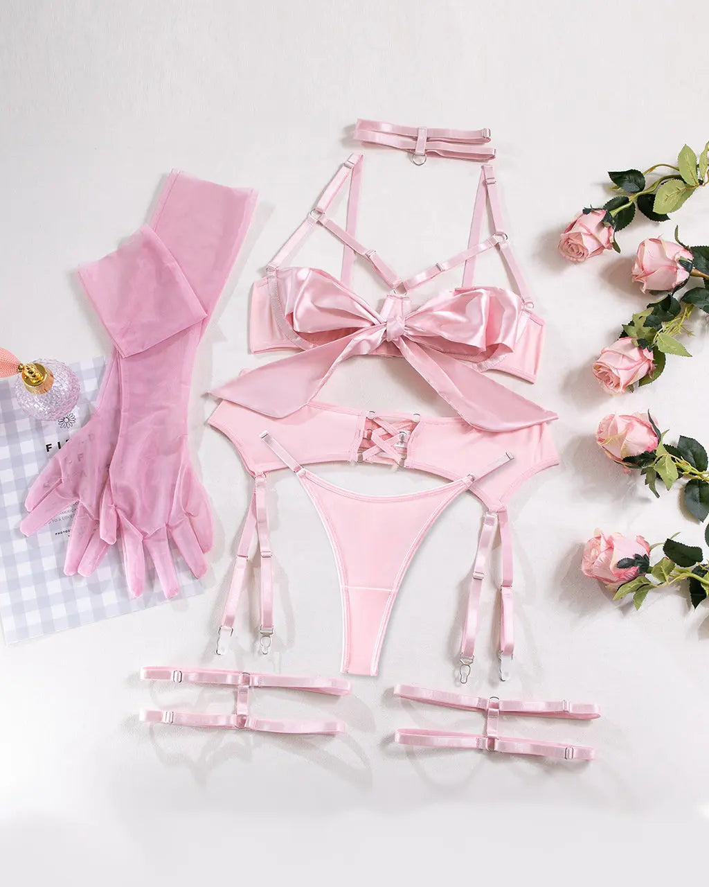 Bow Strappy Gloved Garter 7Pcs Lingerie Set OMFORT