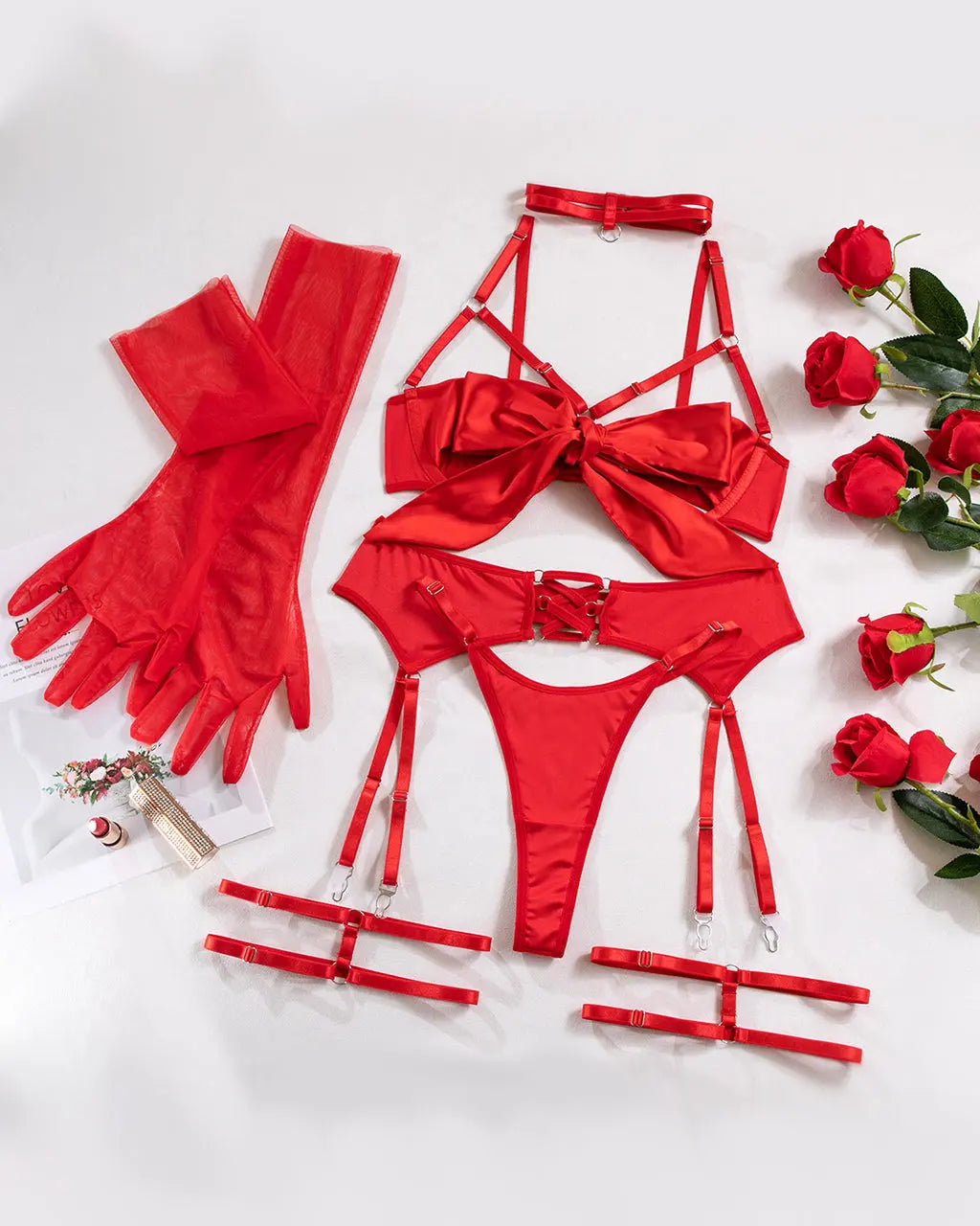 Bow Strappy Gloved Garter 7Pcs Lingerie Set OMFORT