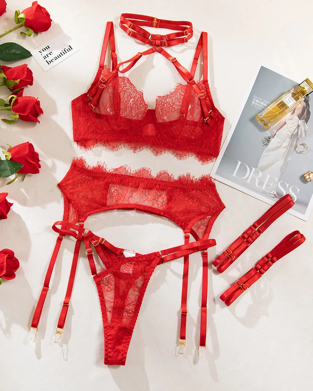 Midnight Rapture Sheer Lace 5Pcs Lingerie Set OMFORT