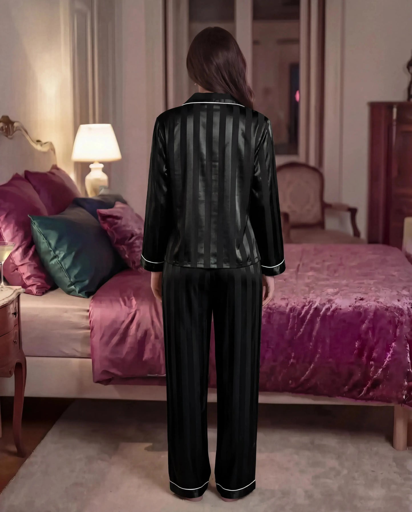 Contrast Stripe Satin Pajamas Set - OMFORT