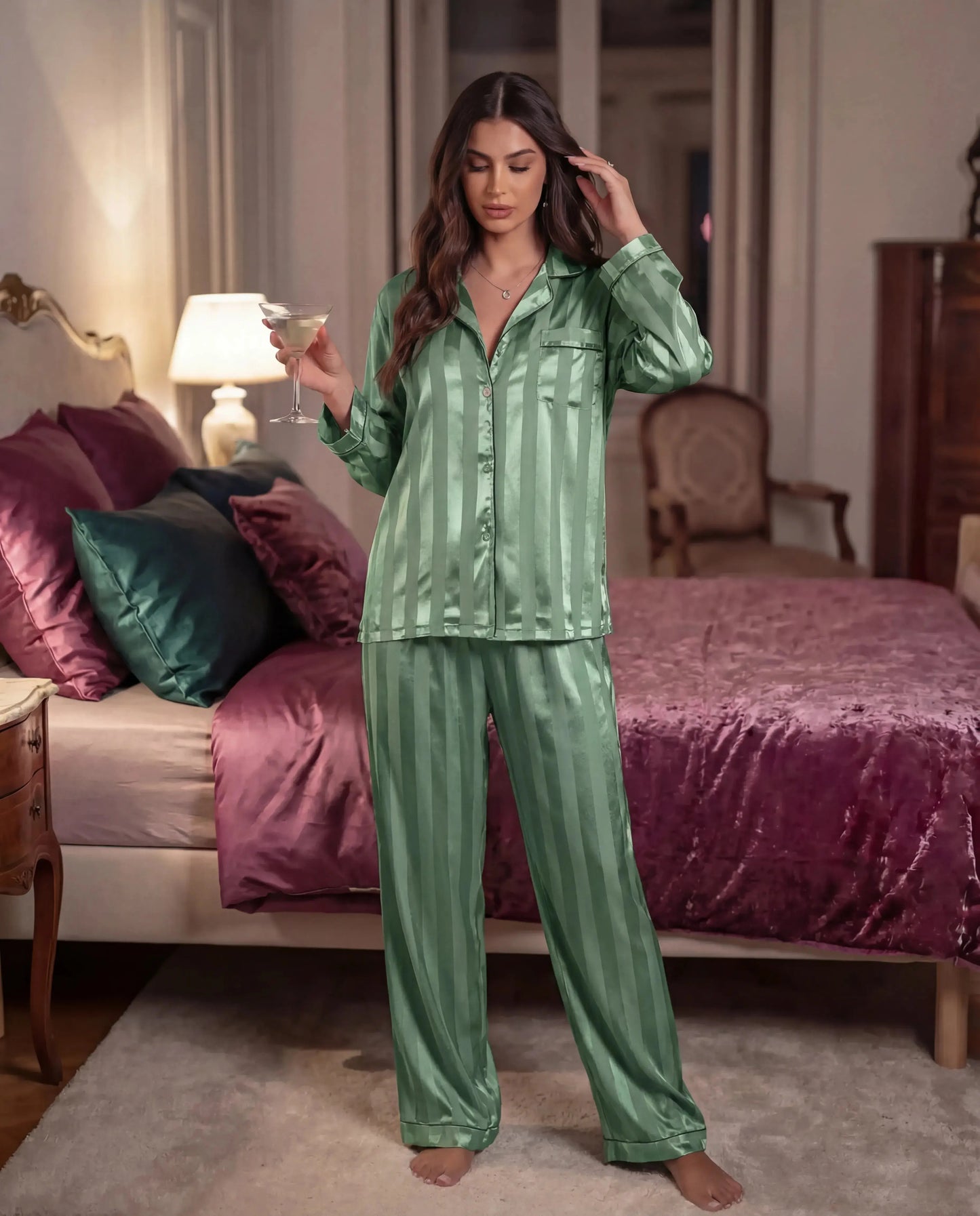 Contrast Stripe Satin Pajamas Set - OMFORT