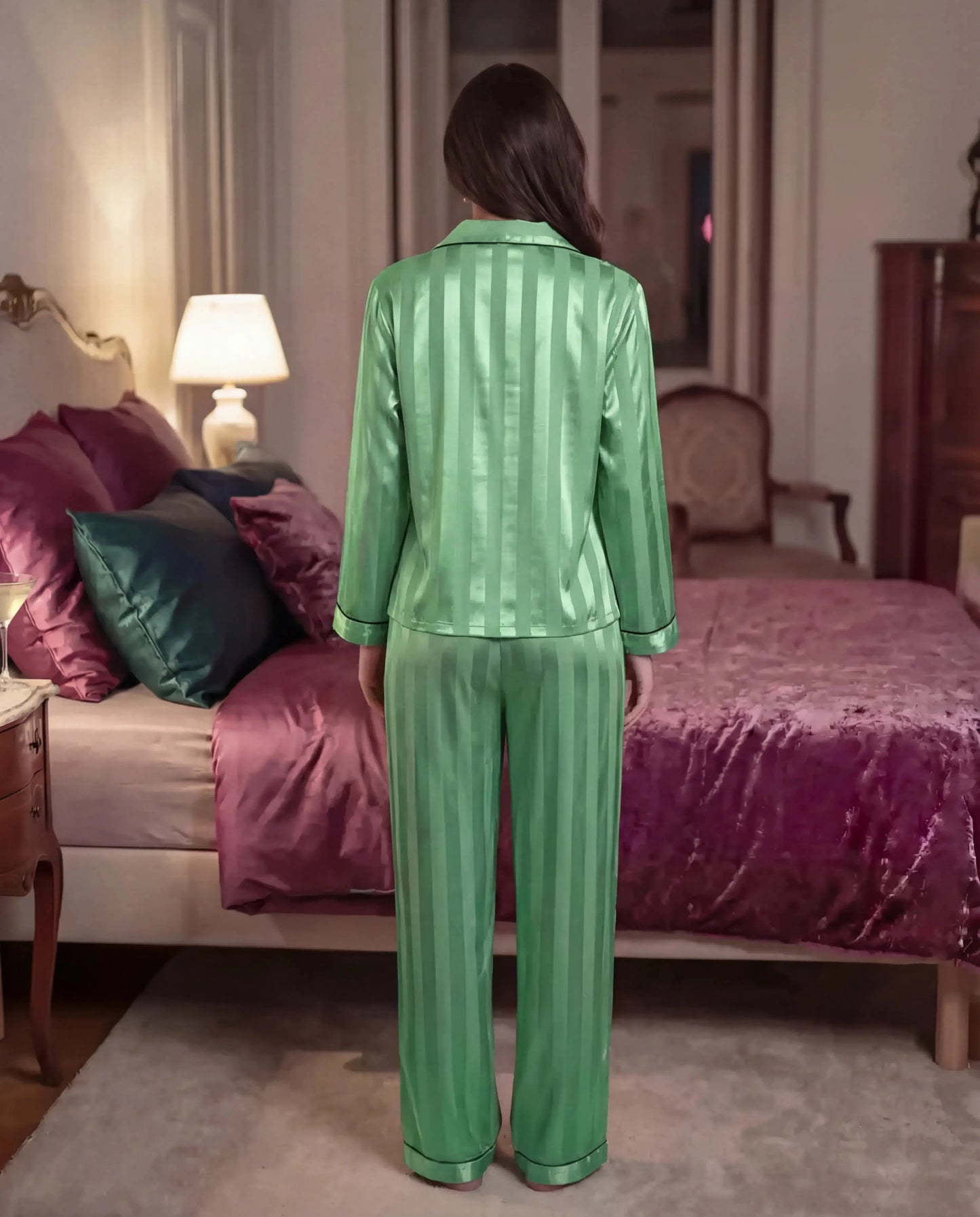 Contrast Stripe Satin Pajamas Set - OMFORT