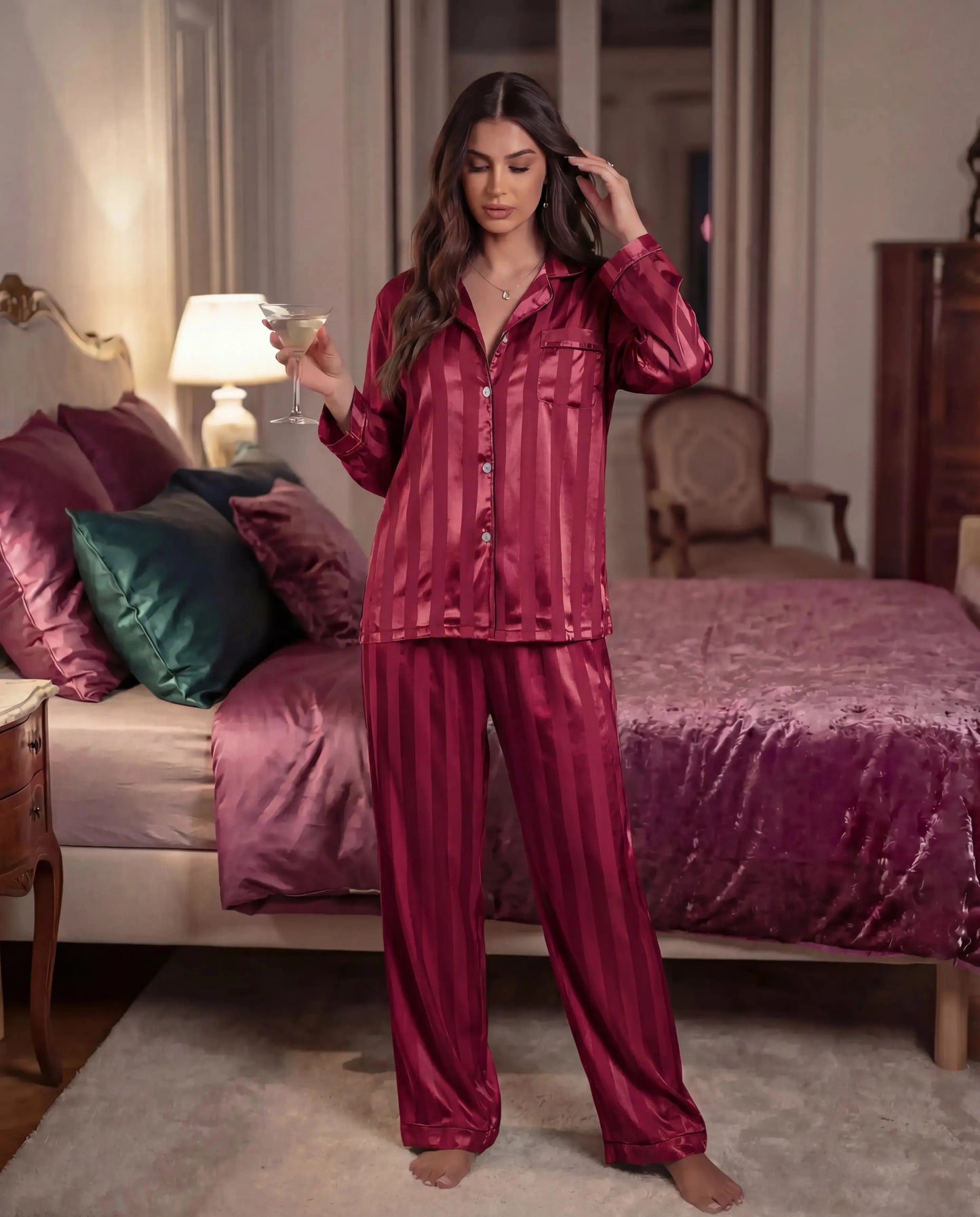 Contrast Stripe Satin Pajamas Set - OMFORT