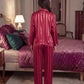 Contrast Stripe Satin Pajamas Set - OMFORT