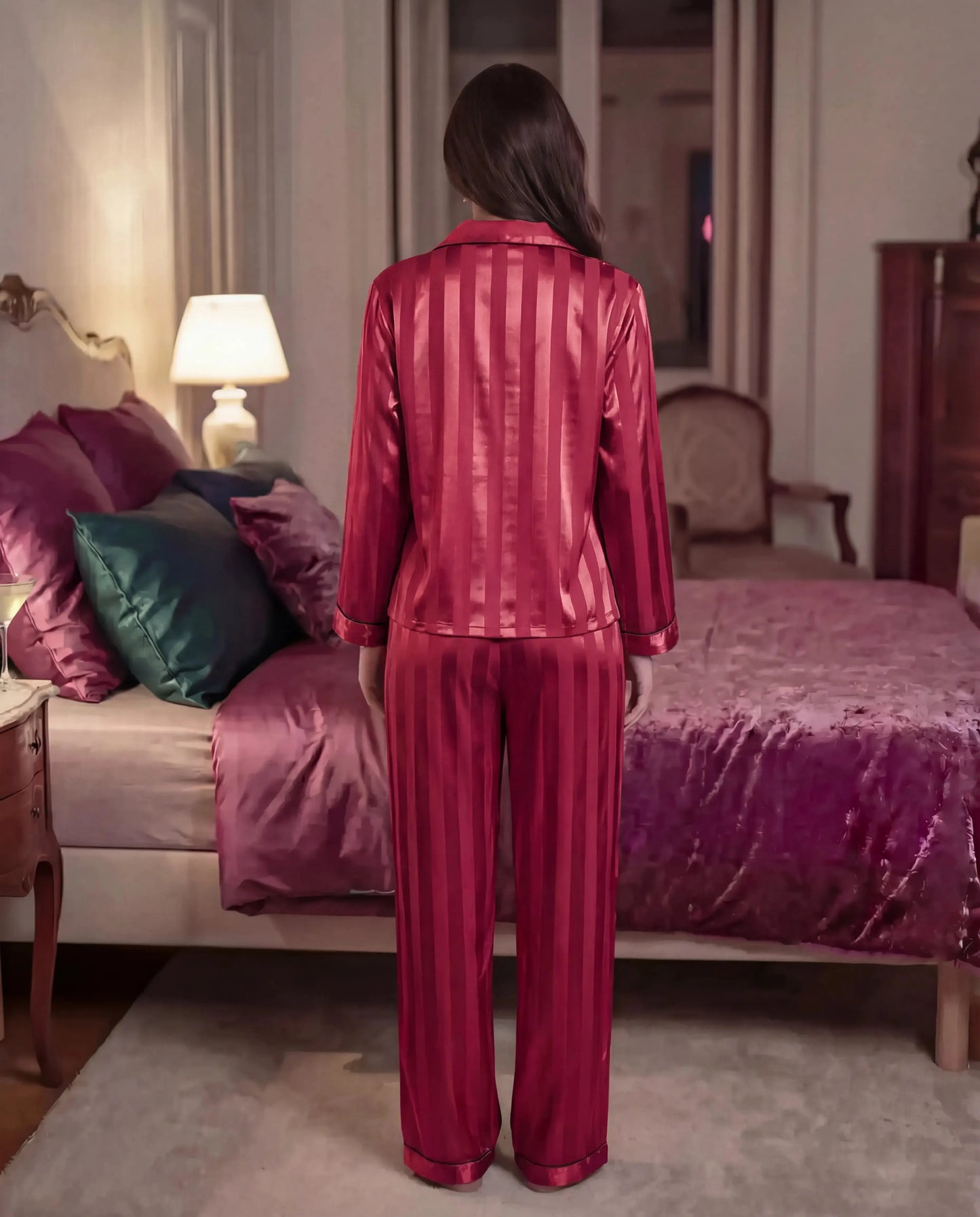 Contrast Stripe Satin Pajamas Set - OMFORT