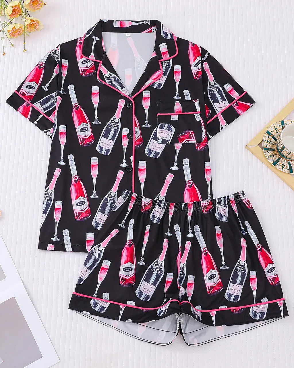 Champagne Bottle Print Pajama Set OMFORT