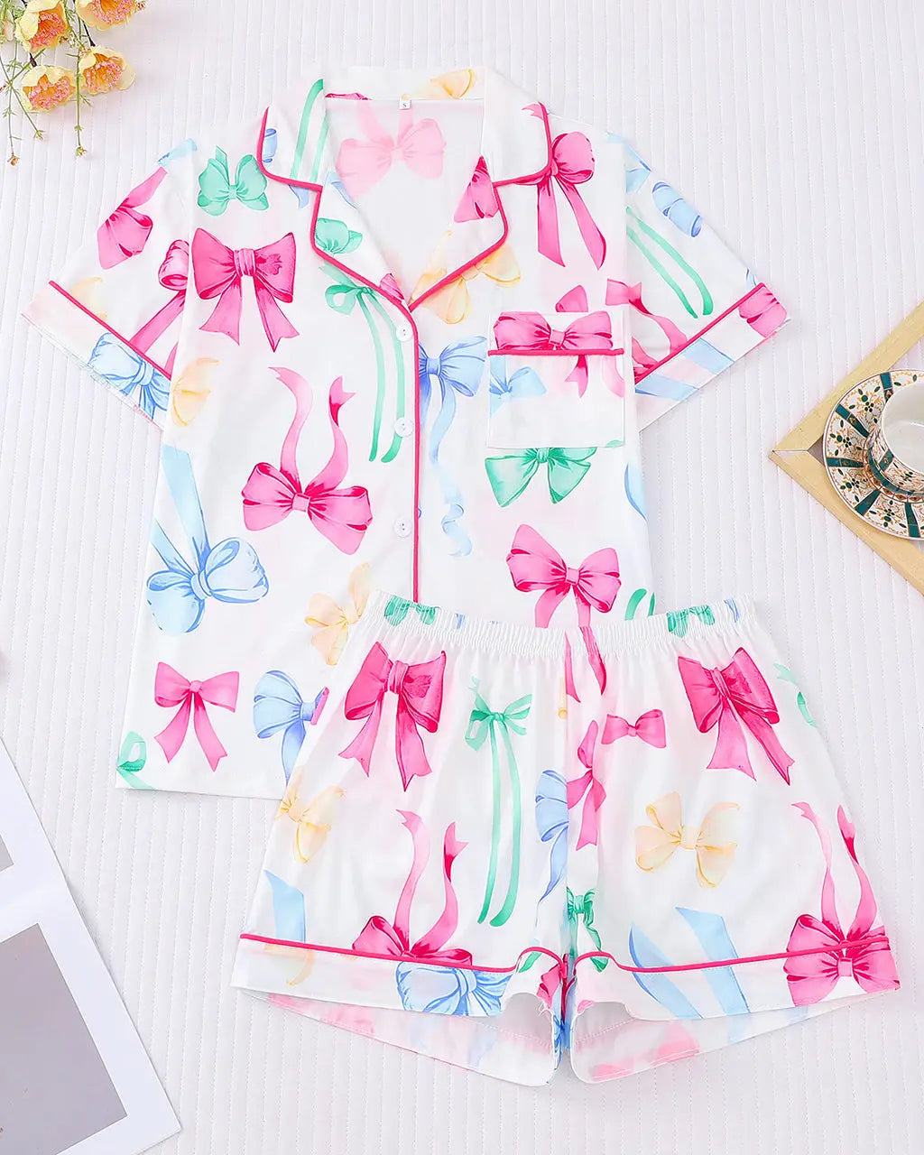 Multicolor Bows Print Pajama Set OMFORT