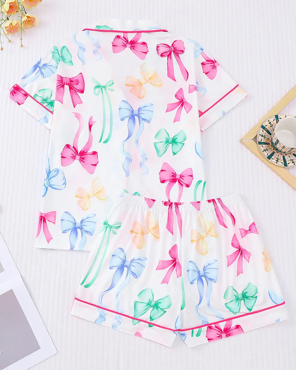 Multicolor Bows Print Pajama Set OMFORT