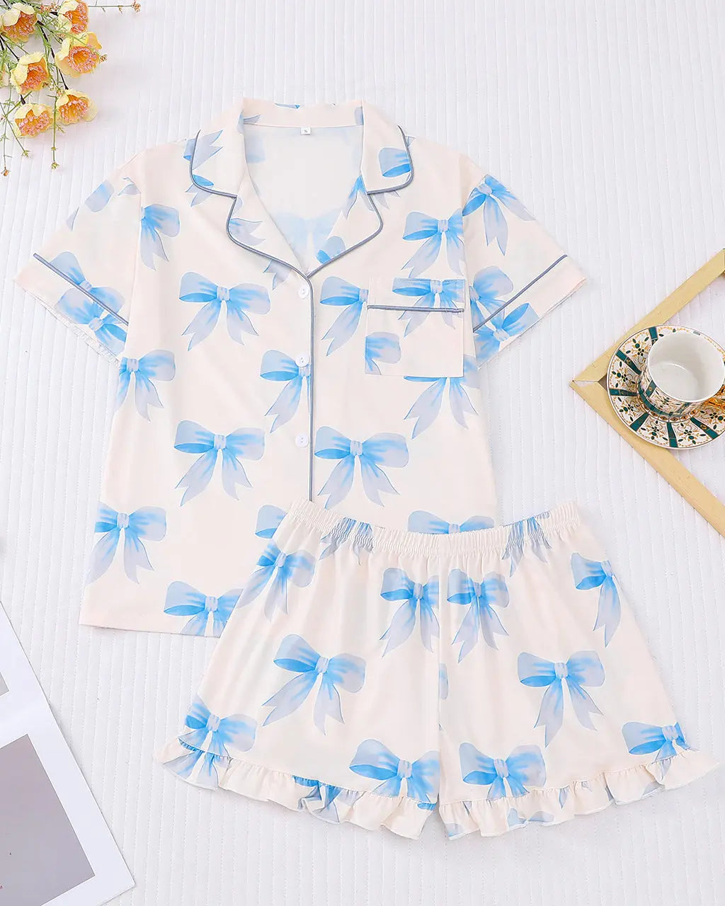 Sweet Dreams Blue Bows Print Pajama Set OMFORT