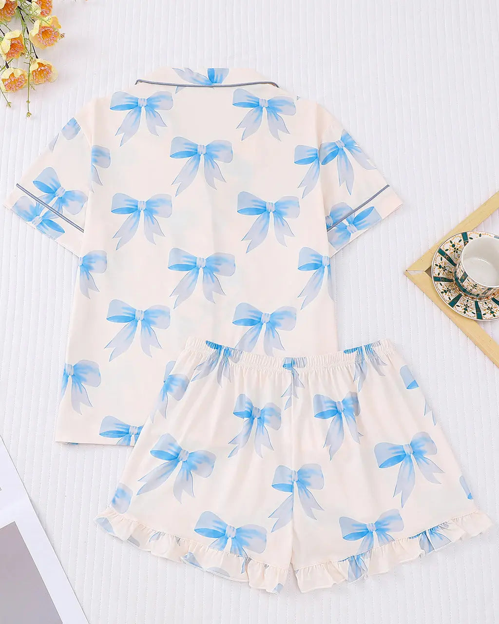 Sweet Dreams Blue Bows Print Pajama Set OMFORT