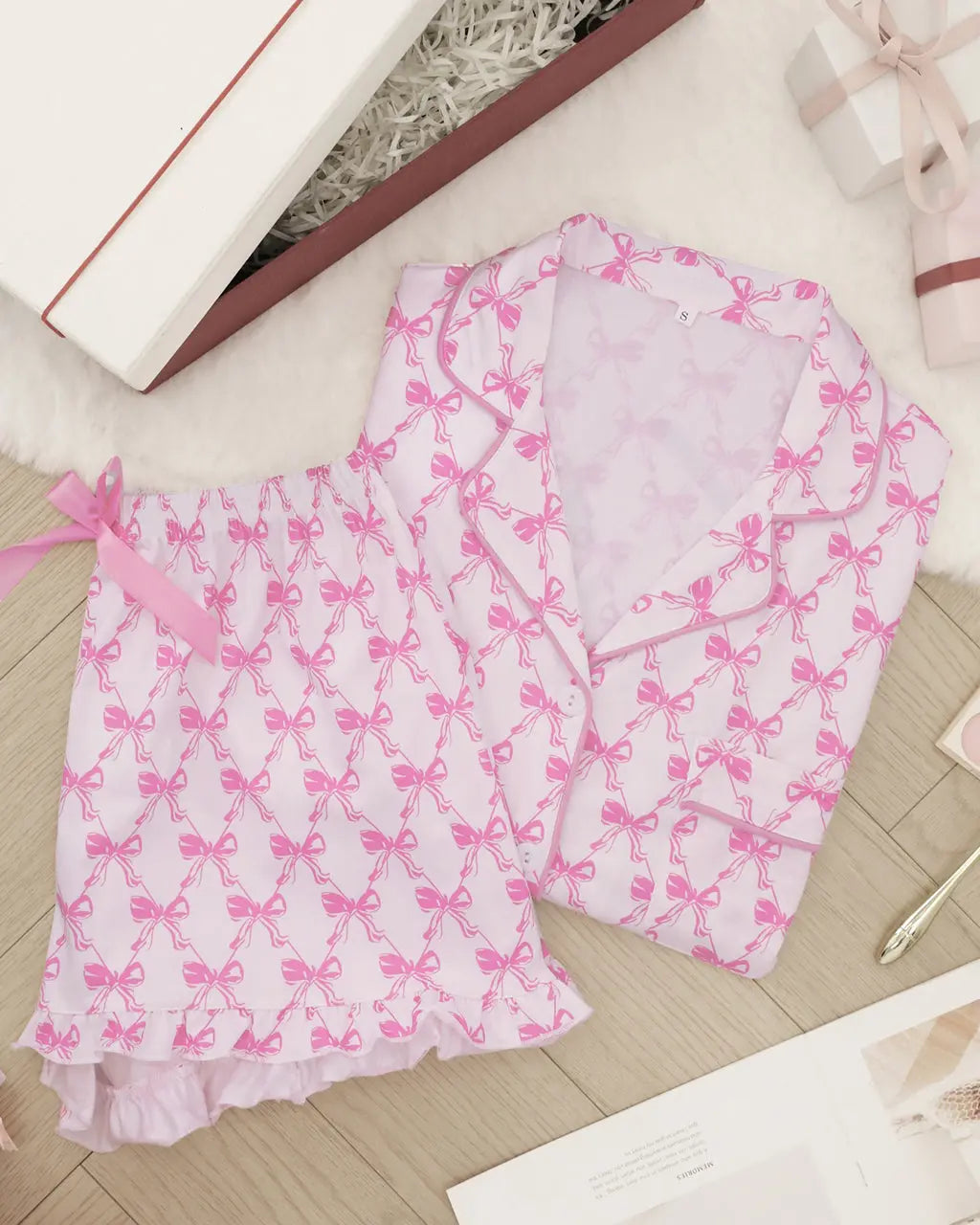 Bow Print Ruffle Pajama Set OMFORT