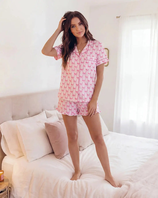 Bow Print Ruffle Pajama Set OMFORT