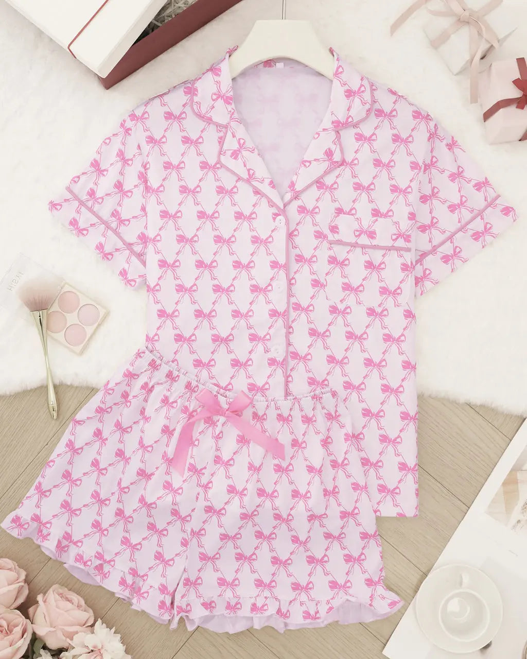 Bow Print Ruffle Pajama Set OMFORT