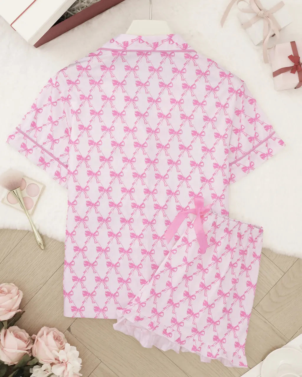 Bow Print Ruffle Pajama Set OMFORT