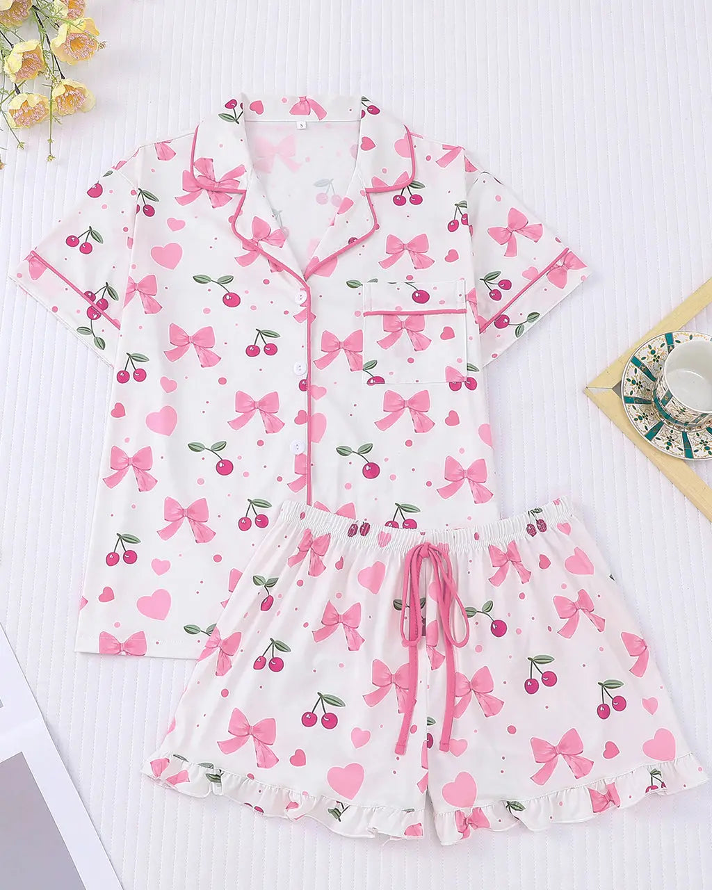 Cherry Bow Print Pajama Set OMFORT