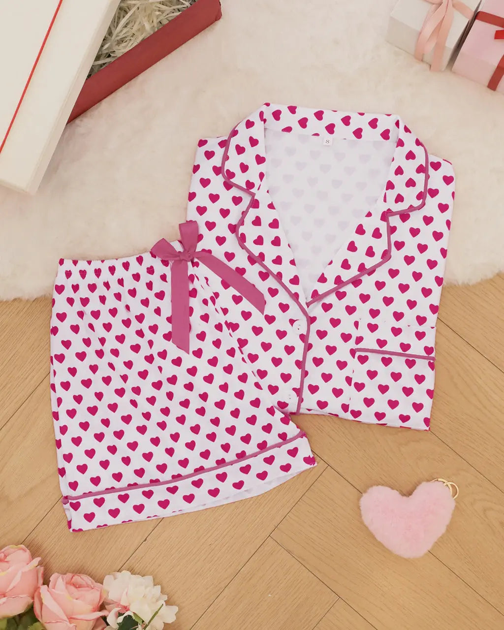 Pink Hearts Print Pajama Set OMFORT