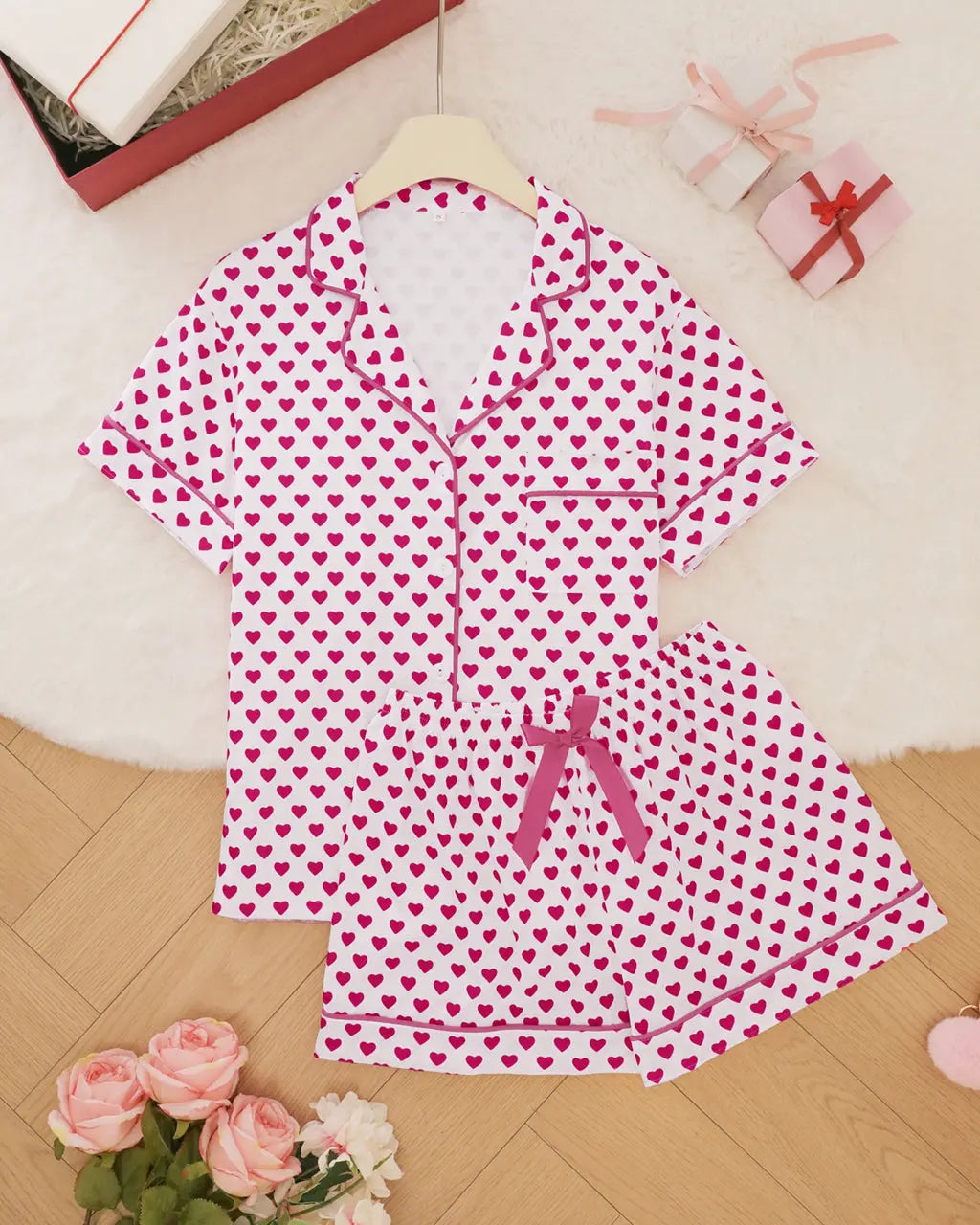 Pink Hearts Print Pajama Set OMFORT
