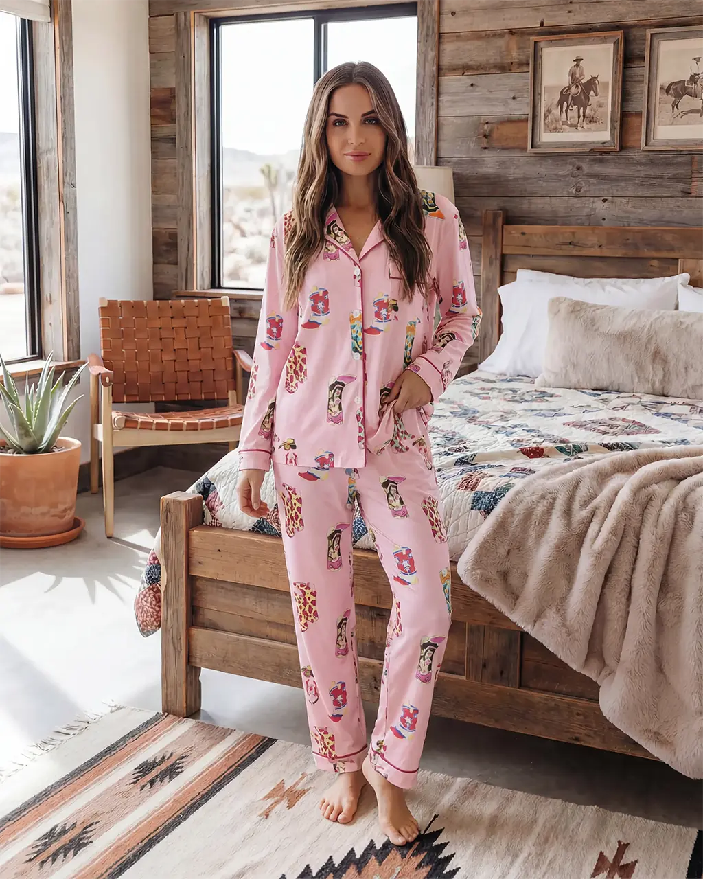Western Cowgirl Boots Print Pajama Set OMFORT