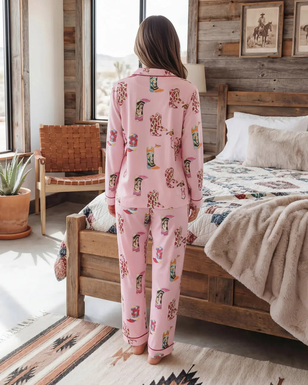 Western Cowgirl Boots Print Pajama Set OMFORT