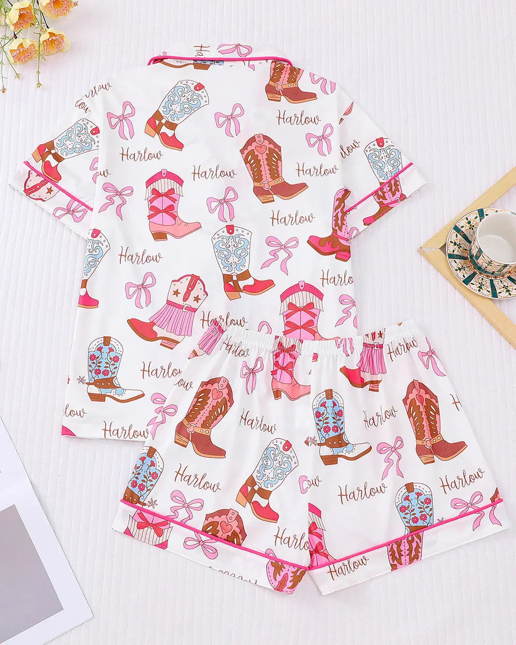 Bow Cowgirl Boots Print Pajama Set OMFORT