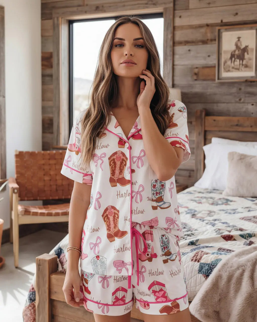 Bow Cowgirl Boots Print Pajama Set OMFORT