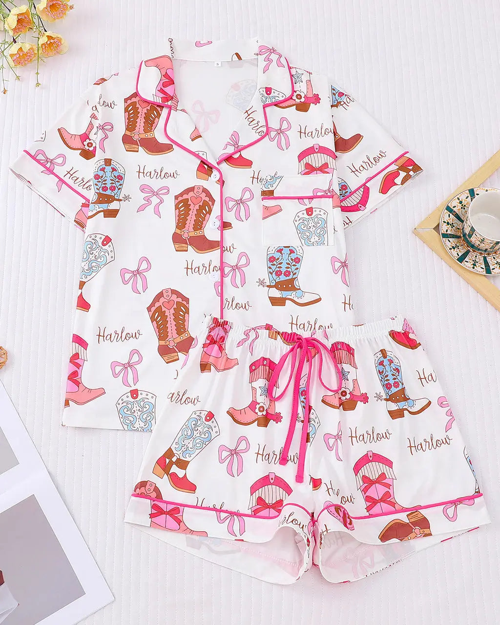 Bow Cowgirl Boots Print Pajama Set OMFORT