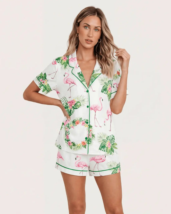 Watercolor Flamingo Silky Pajama Set - OMFORT