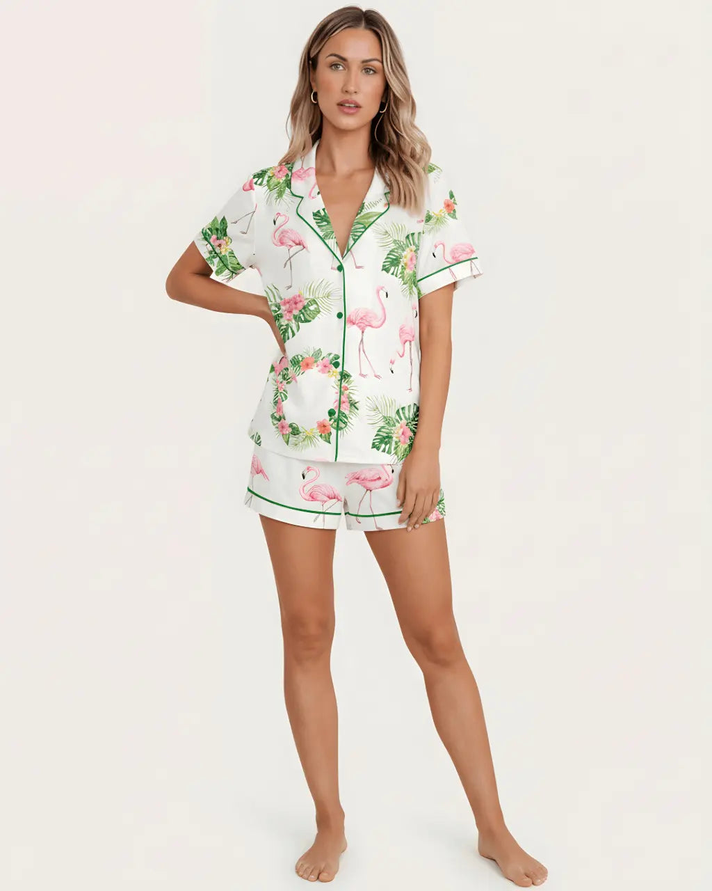 Watercolor Flamingo Silky Pajama Set - OMFORT