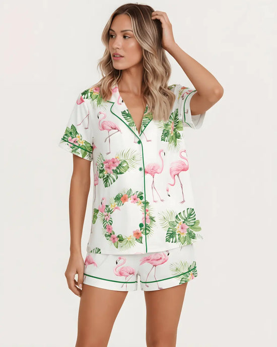 Watercolor Flamingo Silky Pajama Set - OMFORT